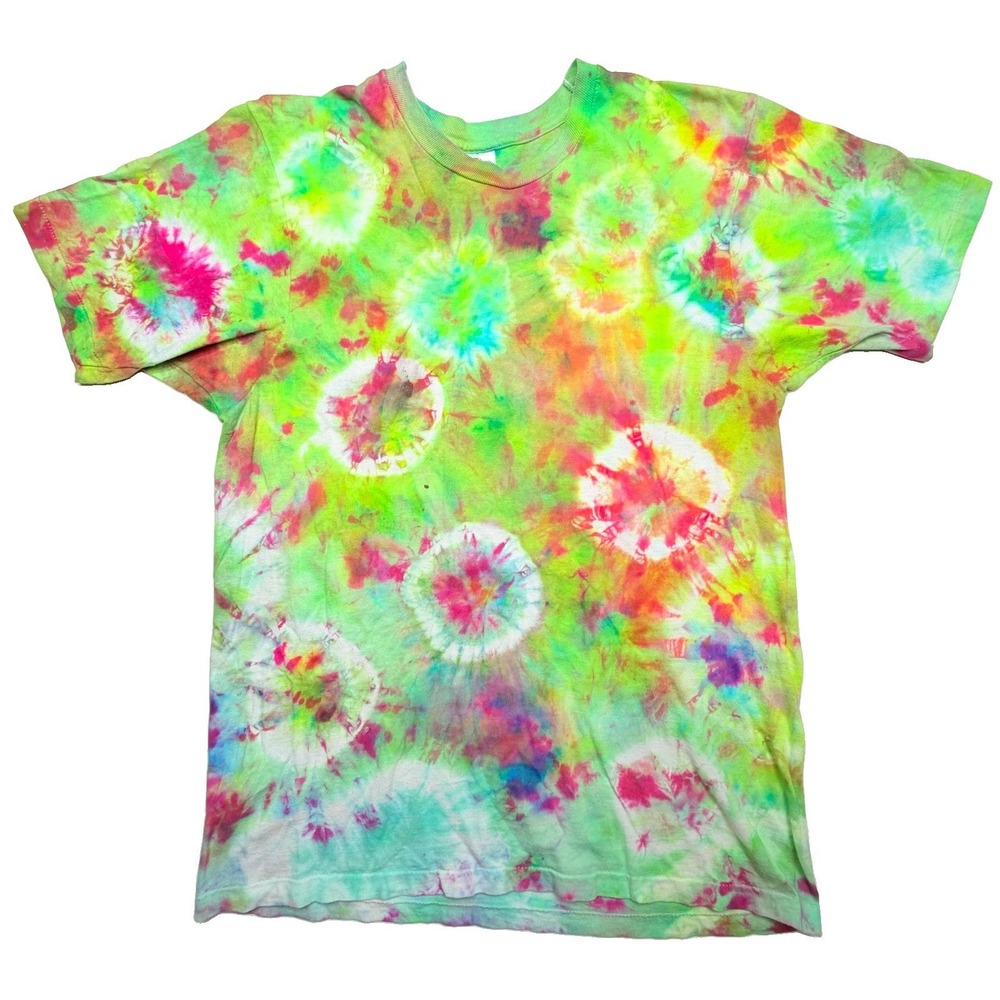 Vintage Hanes Tie Dye T Shirt Mens Large Neon Green Pink Single Stitch Hippie